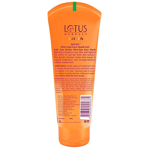 Lotus Herbals Safe Sun Detan After-Sun Face Wash Gel - Papaya & Aloe Vera, For All Skin Types, 100 g  