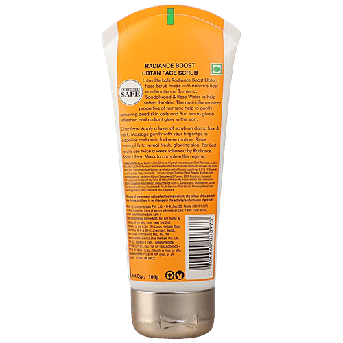 Lotus Herbals Radiance Boost Ubtan Face Scrub - Turmeric, Sandalwood & Rose Water, Paraben Free, 100 g  
