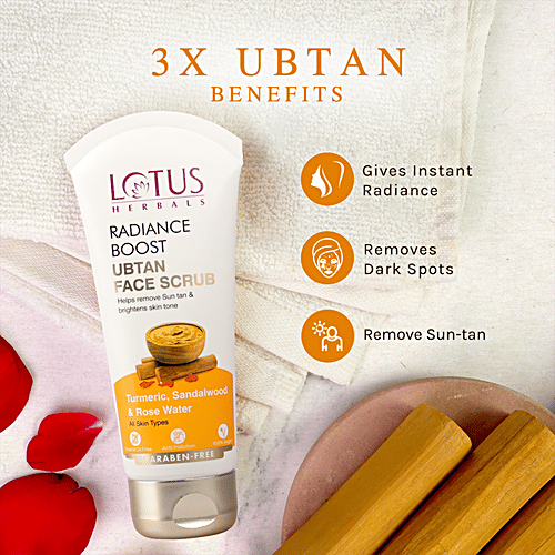 Lotus Herbals Radiance Boost Ubtan Face Scrub - Turmeric, Sandalwood & Rose Water, Paraben Free, 100 g  