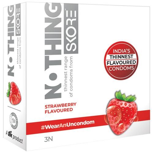 Skore Nothing Climax Delay Condoms - Ultra Thin, Strawberry Flavoured, 3 pcs  