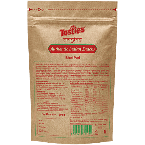 Tasties Origins Bhel Puri Mixture - With Imli & Green Chutney, Namkeen, 300 g Pouch