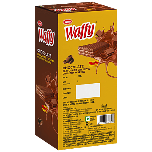Dukes  Waffy - Chocolate Flavoured Creamy & Crunchy Sandwich Wafer Biscuit, 360 g (30 g X 12 Units) 
