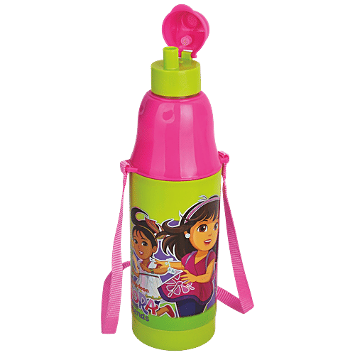 Pratap Pio M Dora & Friends Water Bottle With Belt & Straw - Leakproof, Green & Pink, 500 ml