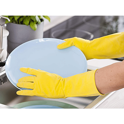 YORK Latex Rubber Gloves - Large, 92010, Reusable, Highly Stretchable, For Washing Cleaning, Yellow, 1 pc  