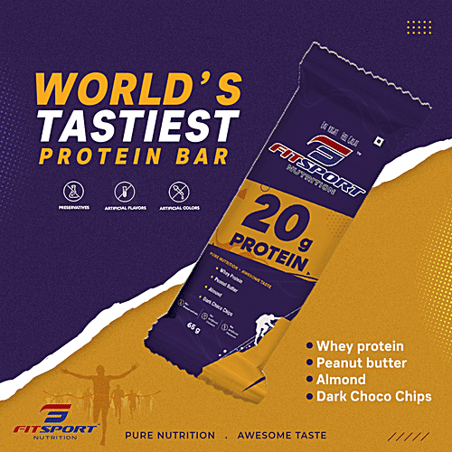 Fitsport Nutrition 20g Protien Bar - Energy Booster, No Preservatives, 65 g  