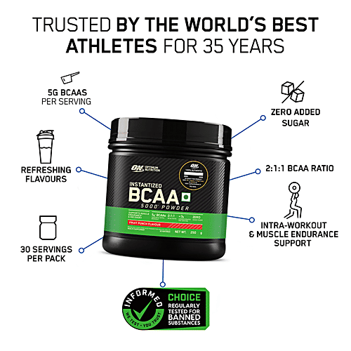 Optimum Nutrition Instantized BCAA 5000 Powder - Fruit Punch Flavour, Supports Muscle Endurance & Recovery, 30 Servings, 250 g  