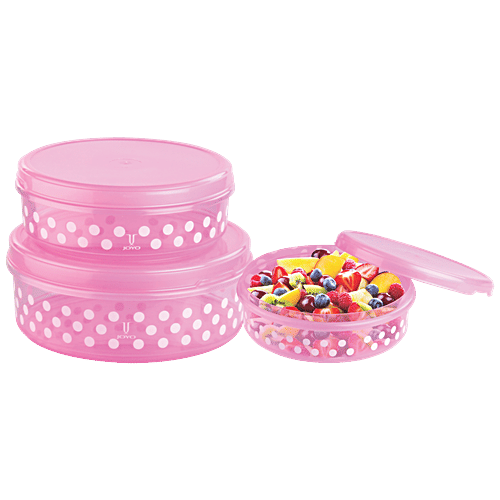 Joyo Food Keeper Set - Plastic, No. 0, 1, 2, Printed Polka, Multipurpose, Pink, 3 pcs (900 ml, 1.35 l, 2.5 l) 