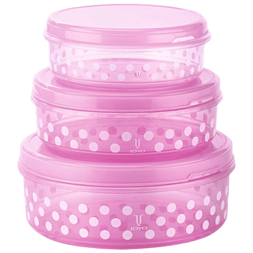 Joyo Food Keeper Set - Plastic, No. 0, 1, 2, Printed Polka, Multipurpose, Pink, 3 pcs (900 ml, 1.35 l, 2.5 l) 