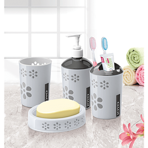 Joyo Fantacy Bath Set - Liquid Dispenser, Toothbrush Holder, Glass, Soap Dish, Sky Light Grey, 4 pcs  
