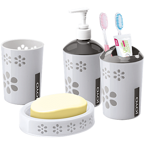 Joyo Fantacy Bath Set - Liquid Dispenser, Toothbrush Holder, Glass, Soap Dish, Sky Light Grey, 4 pcs  