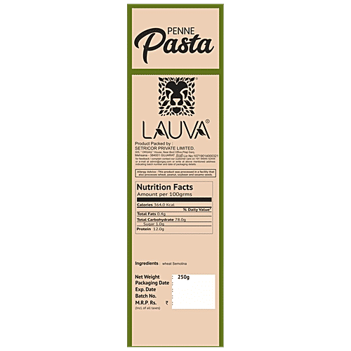 Lauva Durum Wheat Pasta - Penne, High In Protein & Fibre, 250 g Pouch 