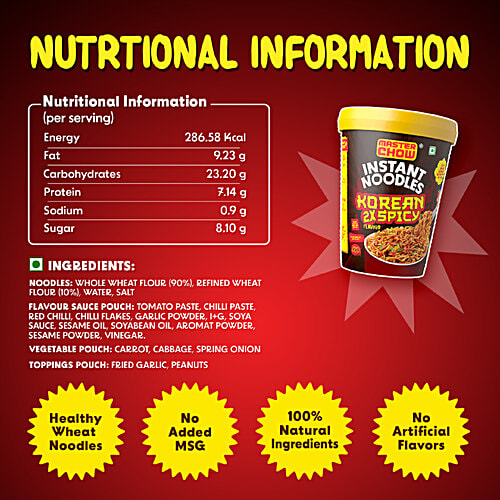 MasterChow Instant Cup Noodles - Korean 2X Spicy Flavour, Wholewheat, Fried Garlic Topping, 100 g  