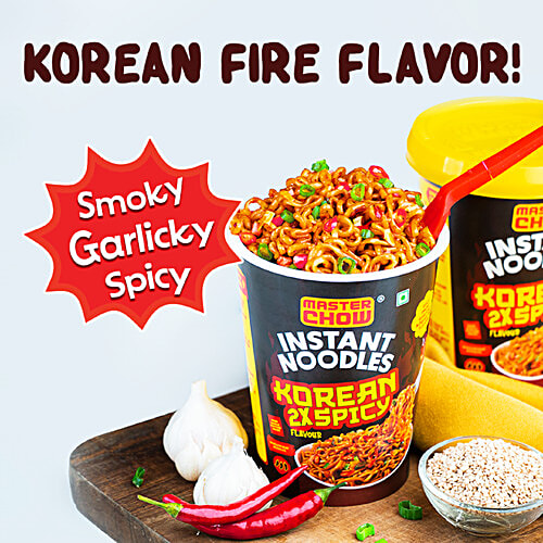 MasterChow Instant Cup Noodles - Korean 2X Spicy Flavour, Wholewheat, Fried Garlic Topping, 100 g  