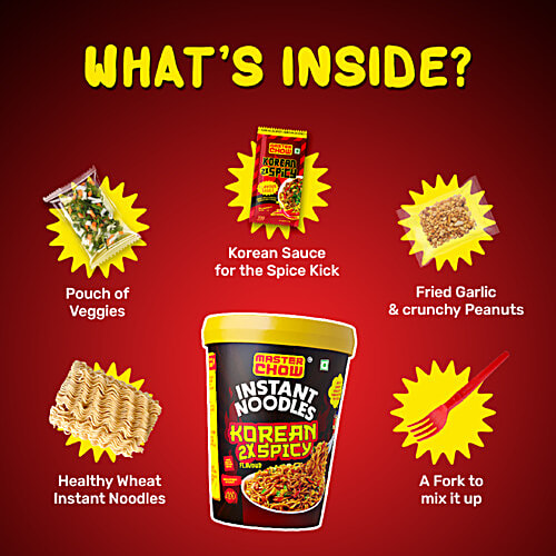 MasterChow Instant Cup Noodles - Korean 2X Spicy Flavour, Wholewheat, Fried Garlic Topping, 100 g  