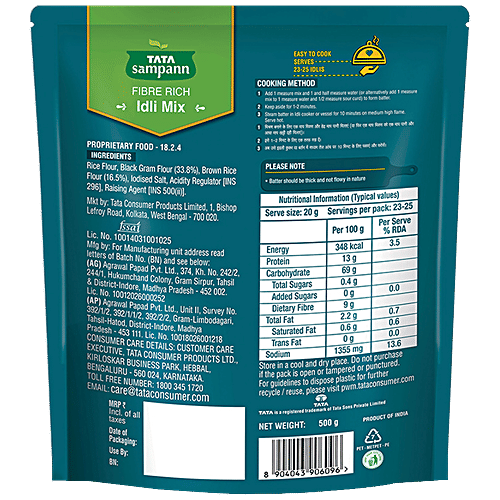 Tata Sampann Fibre Rich Idli Mix - Ready to Cook Breakfast Mix, Soft, Fluffy & Tasty Idlis, Idli Batter, 500 g  
