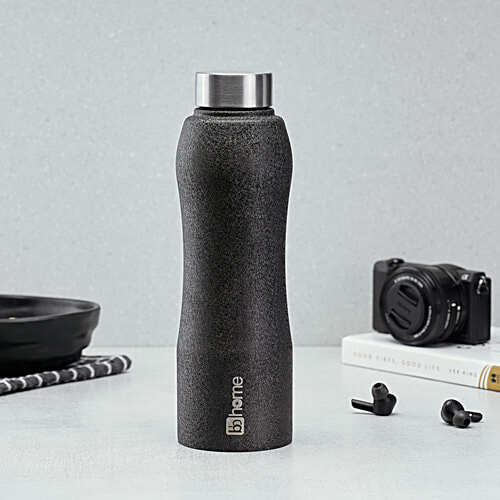 bb home Trendy Stainless Steel Water Bottle With Steel Cap - Texture Black, Leak Proof, 1 L  