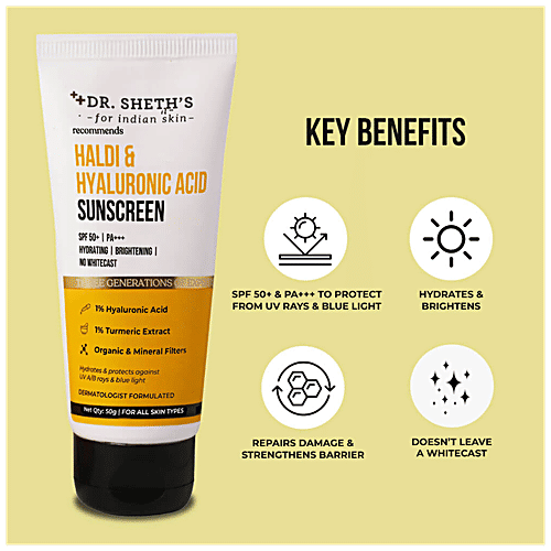 Dr. Sheth's Haldi & Hyaluronic Acid Sunscreen - SPF 50+, PA+++, Hydrates Skin, 50 g  
