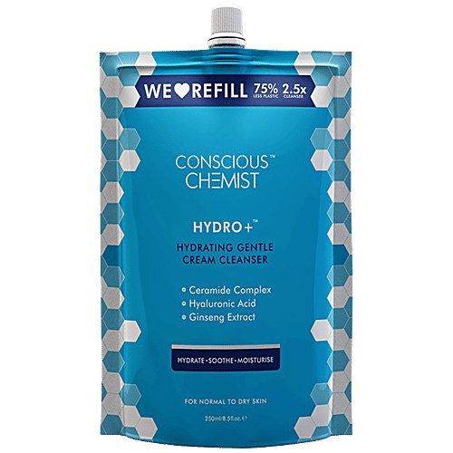 Conscious Chemist Hydro+ Hydrating Gentle Cream Cleanser - Ceramide Complex, Hyaluronic Acid, For Normal To Dry Skin, 250 ml Refill Pack 