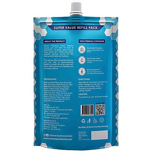 Conscious Chemist Hydro+ Hydrating Gentle Cream Cleanser - Ceramide Complex, Hyaluronic Acid, For Normal To Dry Skin, 250 ml Refill Pack 