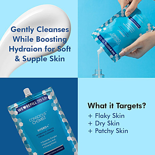 Conscious Chemist Hydro+ Hydrating Gentle Cream Cleanser - Ceramide Complex, Hyaluronic Acid, For Normal To Dry Skin, 250 ml Refill Pack 