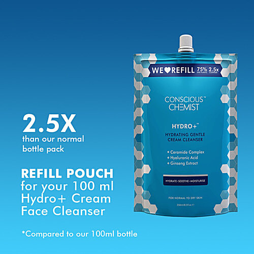 Conscious Chemist Hydro+ Hydrating Gentle Cream Cleanser - Ceramide Complex, Hyaluronic Acid, For Normal To Dry Skin, 250 ml Refill Pack 