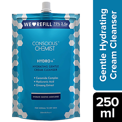 Conscious Chemist Hydro+ Hydrating Gentle Cream Cleanser - Ceramide Complex, Hyaluronic Acid, For Normal To Dry Skin, 250 ml Refill Pack 