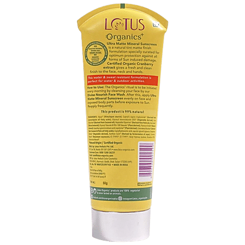 Lotus Organics+ Ultra Matte Mineral Sunscreen - SPF 40, PA+++, Preservative Free, All Skin Types, 50 g  