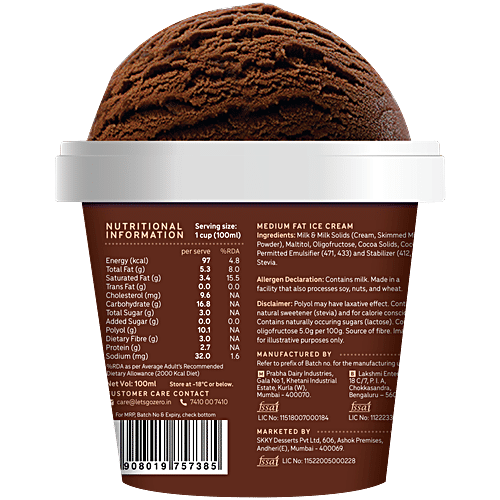 Go Zero Belgian Dark Chocolate Guilt Free Ice Cream Scoops, 100 ml  No Added Sugar, Low Calorie