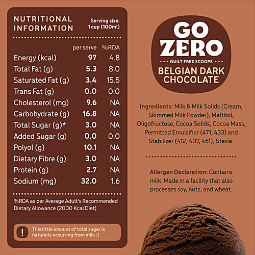 Go Zero Belgian Dark Chocolate Guilt Free Ice Cream Scoops, 100 ml  No Added Sugar, Low Calorie