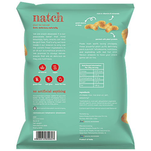 Natch Chickpea Puffs - Hot Chilli, All Natural, Plant-Based, Gluten Free, 20 g  Wholesome Snacks
 Nutritious Puffs
 Explosively Spicy