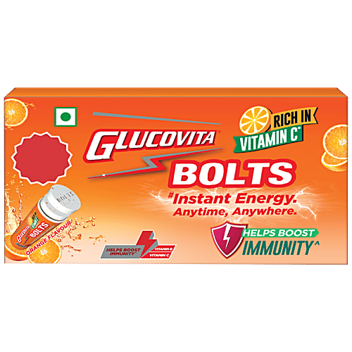 Glucovita Bolts Orange Flavour - Rich In Vitamin C, Helps Boost Immunity, 16. 2 g (Pack of 4) 