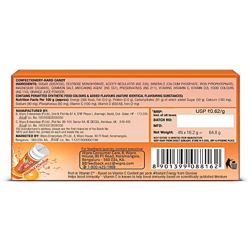 Glucovita Bolts Orange Flavour - Rich In Vitamin C, Helps Boost Immunity, 16. 2 g (Pack of 4) 