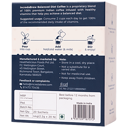 IncredaBrew Balanced Diet Instant Coffee - Vanilla, Boosts Energy, 44 g (20 Sachets x 2.2 g Each) 