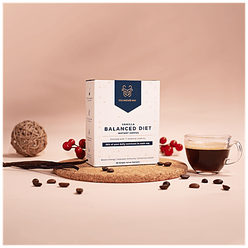 IncredaBrew Balanced Diet Instant Coffee - Vanilla, Boosts Energy, 44 g (20 Sachets x 2.2 g Each) 