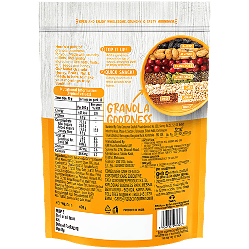 Tata Soulfull Millet Granola Breakfast Cereal - Honey, Fruits, Nuts & Seeds, 400 g  Crunchy Millets