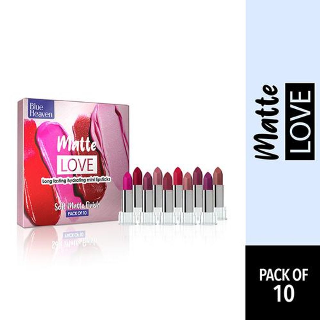 Blue Heaven Matte Love Mini Lipsticks - Assorted Shades, Long Lasting, Hydrating, 13 g (Pack of 10)
