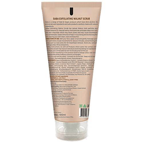 Saba Exfoliating Walnut Scrub - With Kashmiri Walnut Shells, Removes Dead Skin Cells, 100 ml  