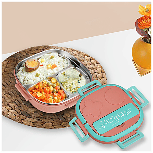Tedemei Lunch Box - Stainless Steel Interior, 3 Compartment, Pink, For Kids, 500 ml