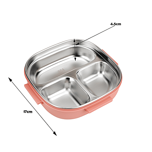 Tedemei Lunch Box - Stainless Steel Interior, 3 Compartment, Pink, For Kids, 500 ml