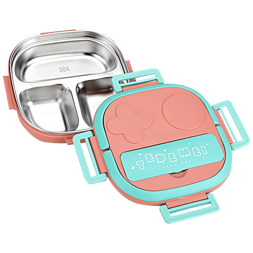 Tedemei Lunch Box - Stainless Steel Interior, 3 Compartment, Pink, For Kids, 500 ml