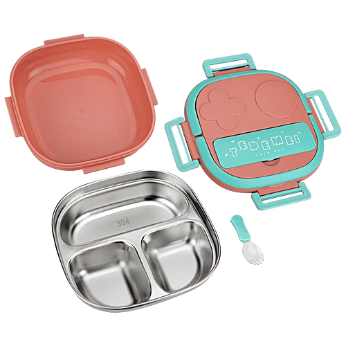 Tedemei Lunch Box - Stainless Steel Interior, 3 Compartment, Pink, For Kids, 500 ml
