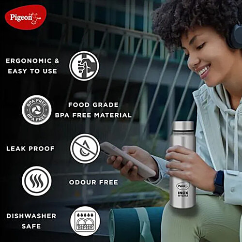 Pigeon by Stovekraft Inox Hydra Plus Stainless-Steel Water Bottle - Food Grade, Leak Proof, Dishwasher Safe, 900 ml  