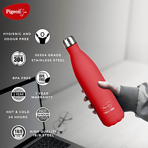 Pigeon by Stovekraft Aqua Therminox Scarlet Vacuum Flask Copper Insulated Double Walled Bottle For Hot & Cold-Water - Red, 1 L