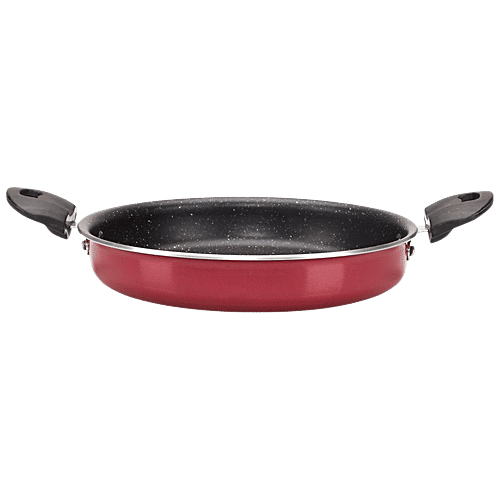 Navrang Aluminium Multipurpose Pan - Non-Stick Inner Granite Coating, Maroon & Spatter, 24 cm, 2.5 mm, With Glass Lid, Bakelite Handle, 1.6 L  