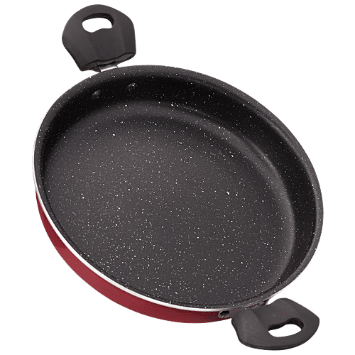 Navrang Aluminium Multipurpose Pan - Non-Stick Inner Granite Coating, Maroon & Spatter, 24 cm, 2.5 mm, With Glass Lid, Bakelite Handle, 1.6 L  