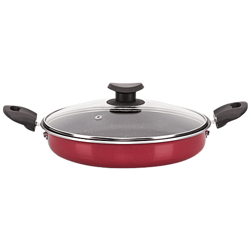 Navrang Aluminium Multipurpose Pan - Non-Stick Inner Granite Coating, Maroon & Spatter, 24 cm, 2.5 mm, With Glass Lid, Bakelite Handle, 1.6 L  
