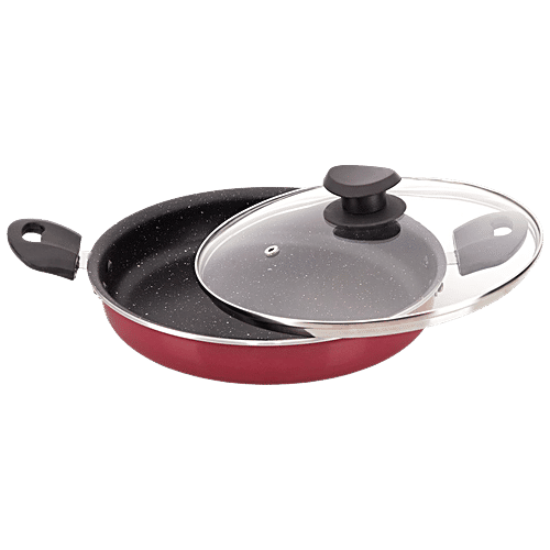 Navrang Aluminium Multipurpose Pan - Non-Stick Inner Granite Coating, Maroon & Spatter, 24 cm, 2.5 mm, With Glass Lid, Bakelite Handle, 1.6 L  