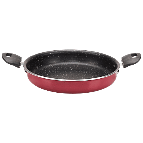 Navrang Aluminium Multipurpose Pan - Non-Stick Inner Granite Coating, Maroon & Spatter, 24 cm, 2.5 mm, With Glass Lid, Bakelite Handle, 1.6 L  