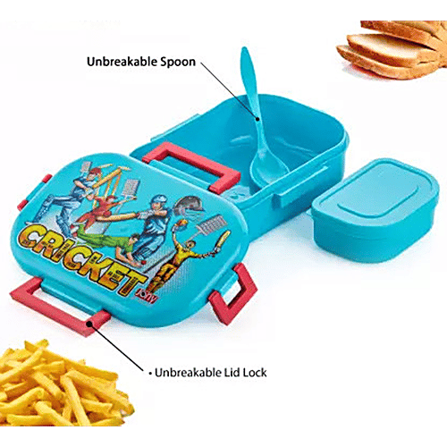 YouBee Lunch/Tiffin Box, Plastic For School Office With Spoon & Side Container, For Adults & Kids - Blue, 3 pcs (650 ml + 150 ml) Airtight, Leak-Proof, Food Grade