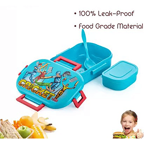 YouBee Lunch/Tiffin Box, Plastic For School Office With Spoon & Side Container, For Adults & Kids - Blue, 3 pcs (650 ml + 150 ml) Airtight, Leak-Proof, Food Grade